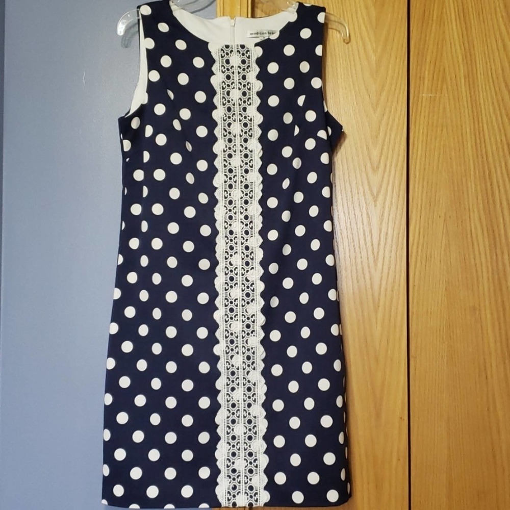 Madison Leigh Navy and White Polka Dot & Lace Dress Sz 10